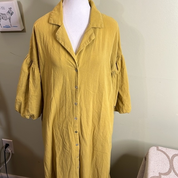 Margo Baridon Relaxed midi dress Yellow puff sleeve button down dress size large - Picture 5 of 17